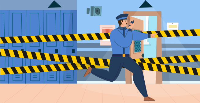 Officer running down school hallway