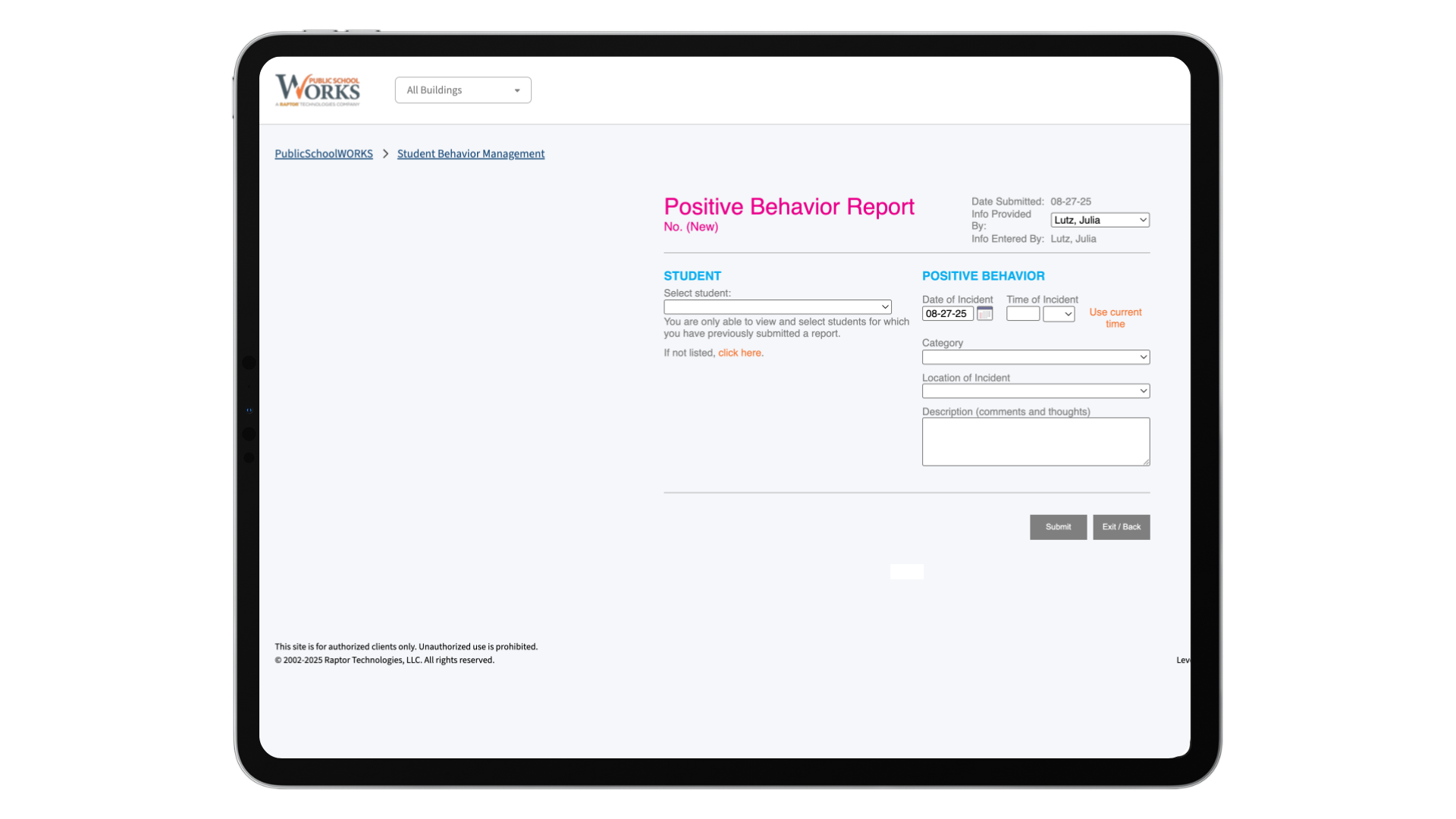 StudentWatch - submit a PBIS
