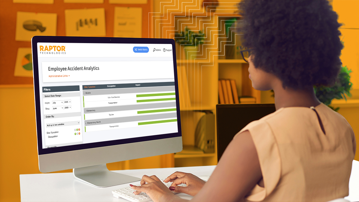blog header image featuring a teacher or administrator reviewing employee accident analytics on her computer