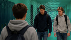An unauthorized meetup of three teenage boys in an unsupervised hallway where digital hall passes can help prevent bullying encounters